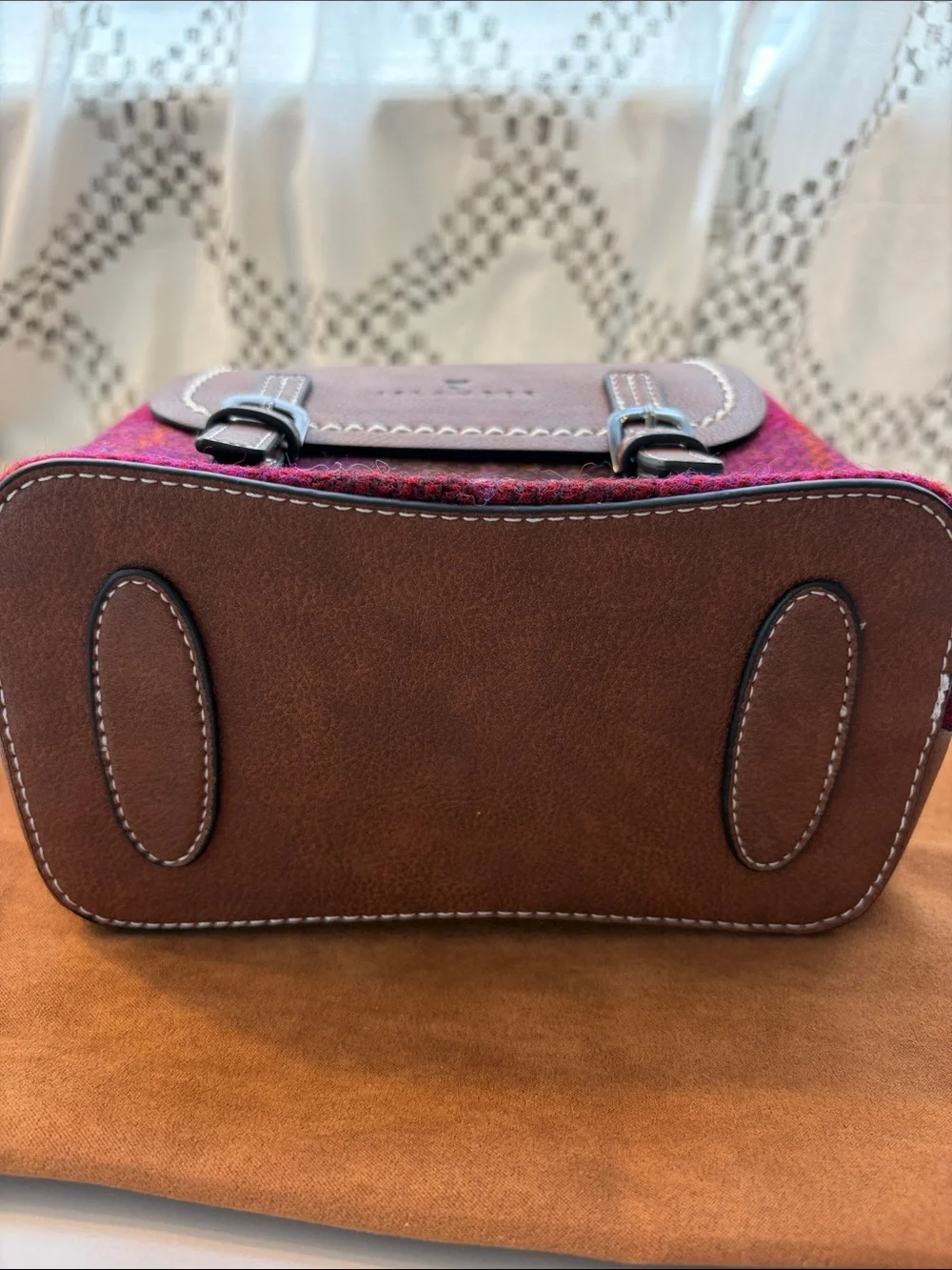 Islander Harrison Tweed Mini Jura Backpack. Brown Leather and Magenta Plaid.